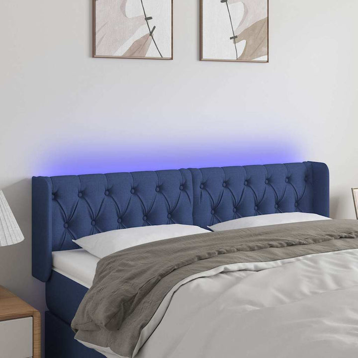 sengegavl med LED-lys 147x16x78/88 cm stof blå