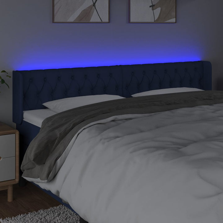 sengegavl med LED-lys 183x16x78/88 cm stof blå