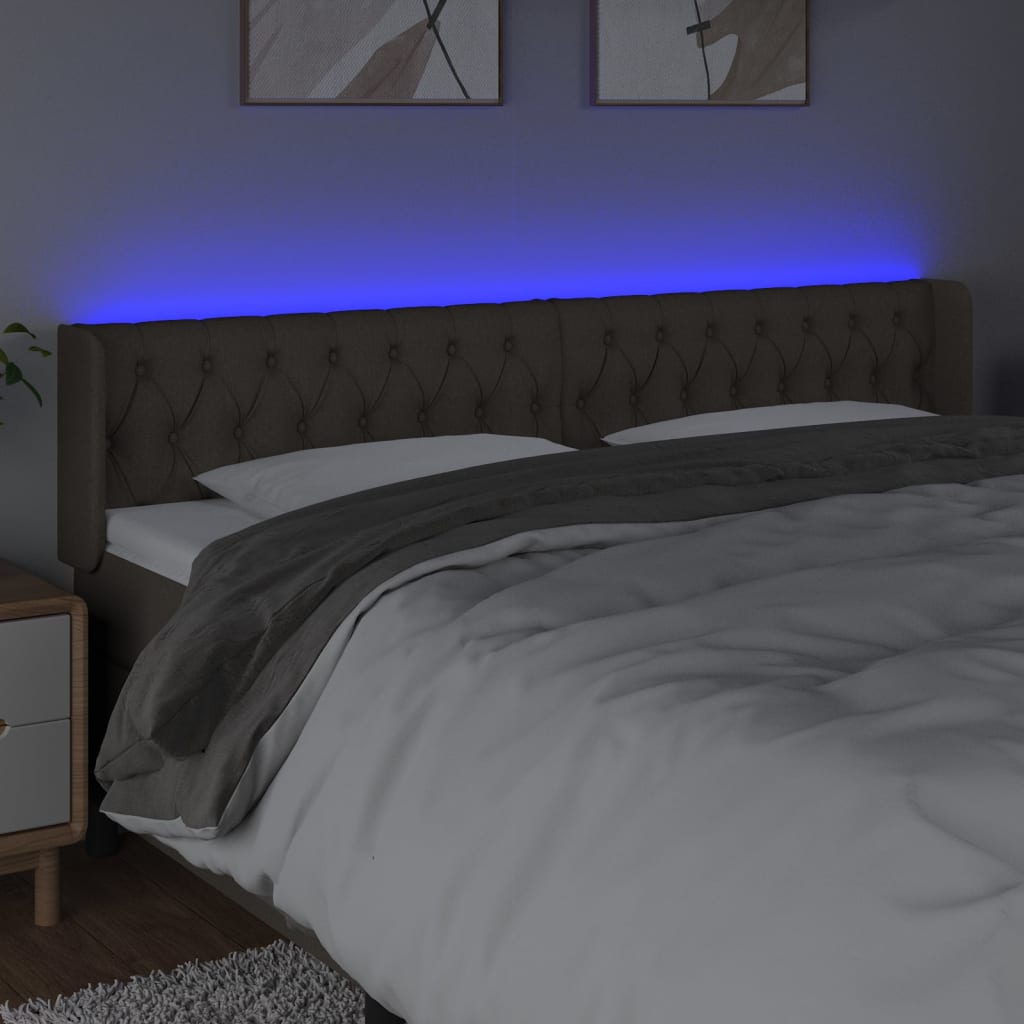 sengegavl med LED-lys 203x16x78/88 cm stof gråbrun