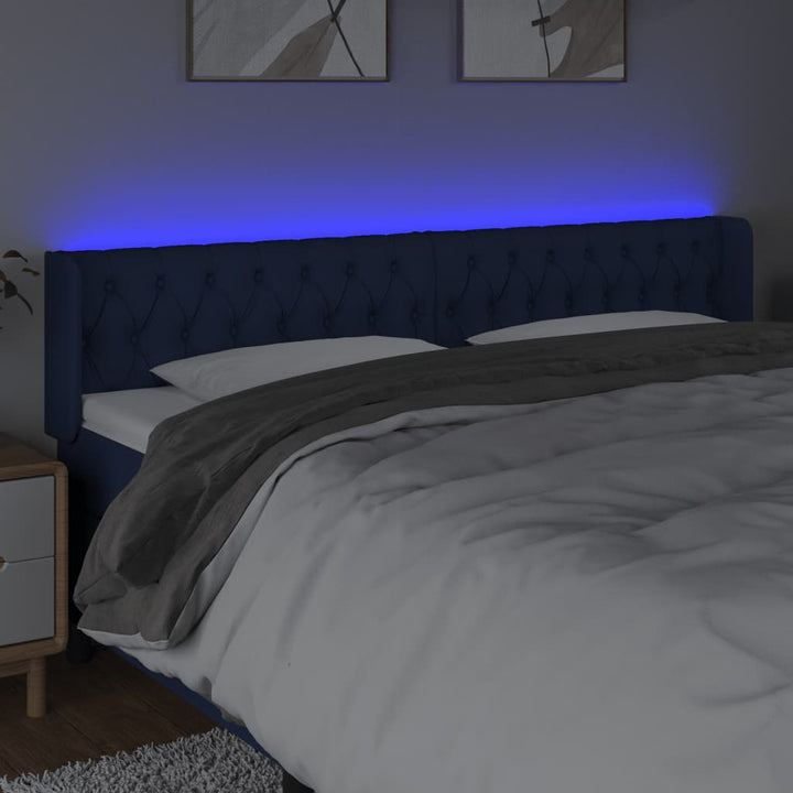 sengegavl med LED-lys 203x16x78/88 cm stof blå