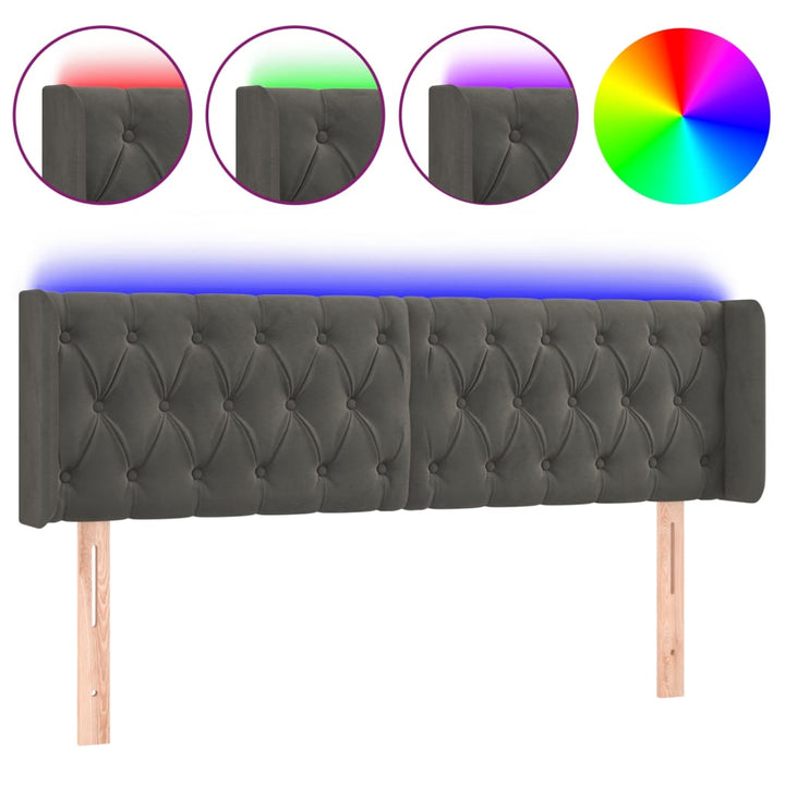sengegavl med LED-lys 147x16x78/88 cm fløjl mørkegrå