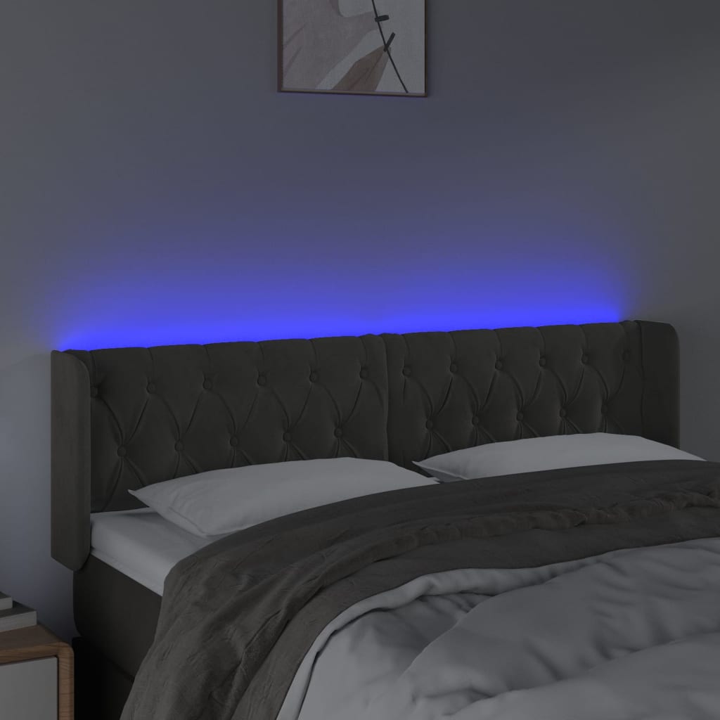 sengegavl med LED-lys 147x16x78/88 cm fløjl mørkegrå