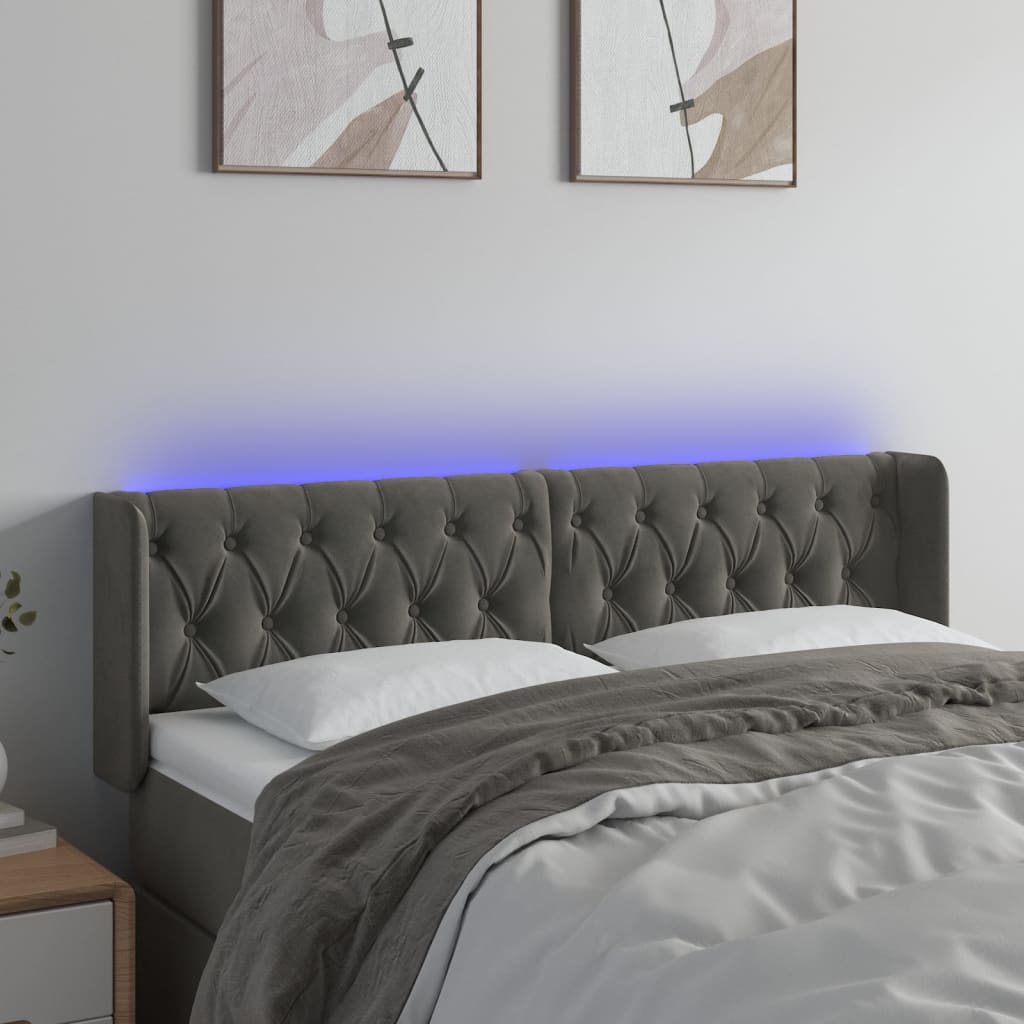 sengegavl med LED-lys 147x16x78/88 cm fløjl mørkegrå
