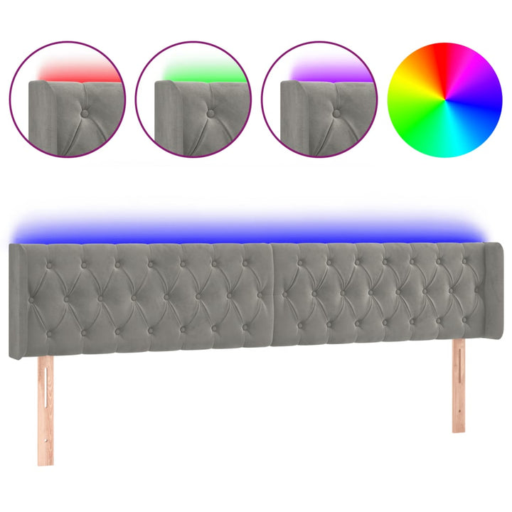 sengegavl med LED-lys 183x16x78/88 cm fløjl lysegrå
