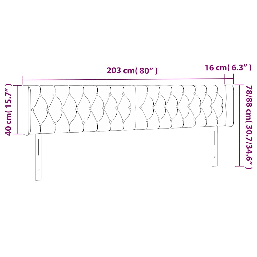 sengegavl med LED-lys 203x16x78/88 cm fløjl mørkeblå
