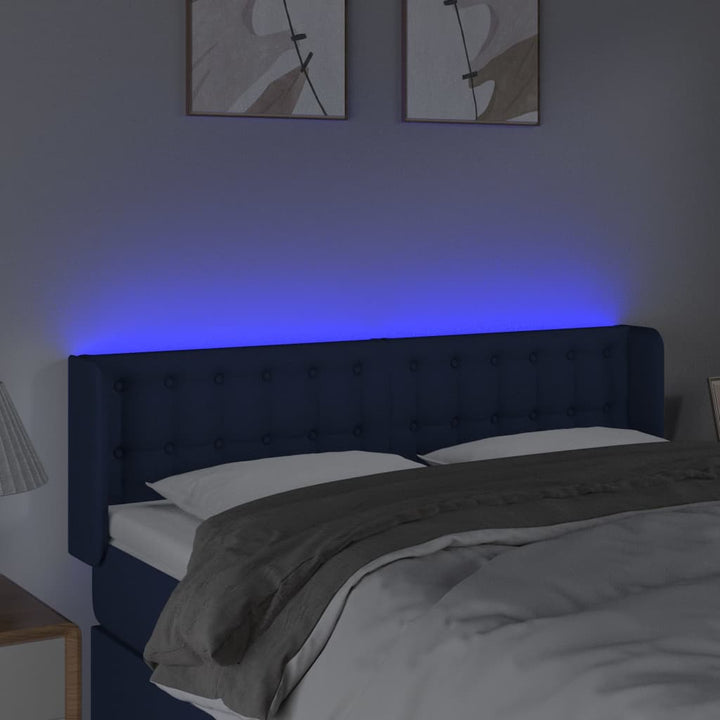 sengegavl med LED-lys 147x16x78/88 cm stof blå