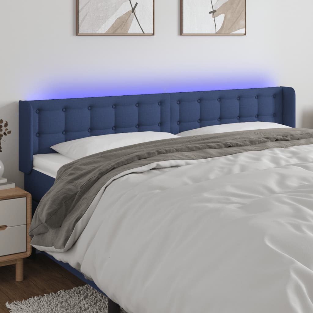 sengegavl med LED-lys 163x16x78/88 cm stof blå
