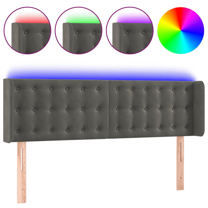 sengegavl med LED-lys 147x16x78/88 cm fløjl mørkegrå