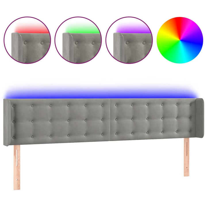 sengegavl med LED-lys 163x16x78/88 cm fløjl lysegrå