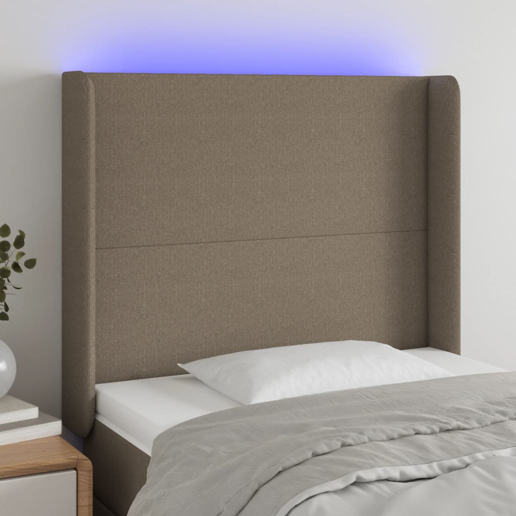 sengegavl med LED-lys 83x16x118/128 cm stof gråbrun