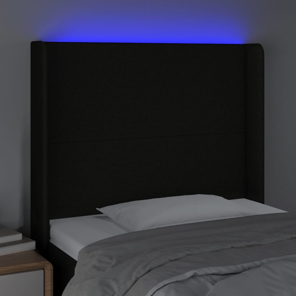 sengegavl med LED-lys 93x16x118/128 cm stof sort