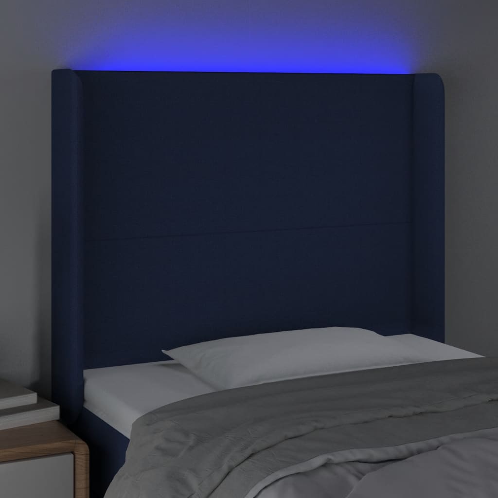 sengegavl med LED-lys 93x16x118/128 cm stof blå