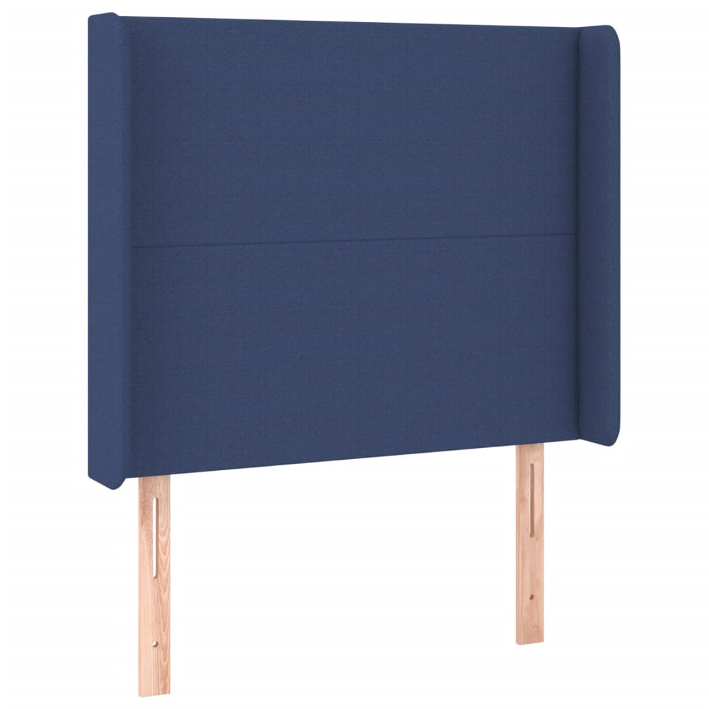 sengegavl med LED-lys 103x16x118/128 cm stof blå