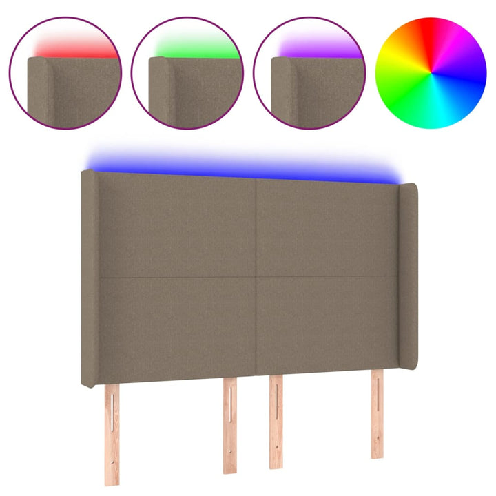 sengegavl med LED-lys 147x16x118/128 cm stof gråbrun
