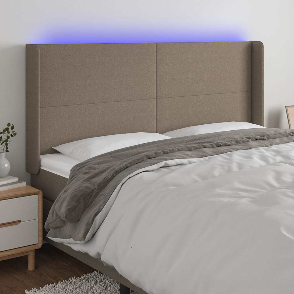 sengegavl med LED-lys 163x16x118/128 cm stof gråbrun