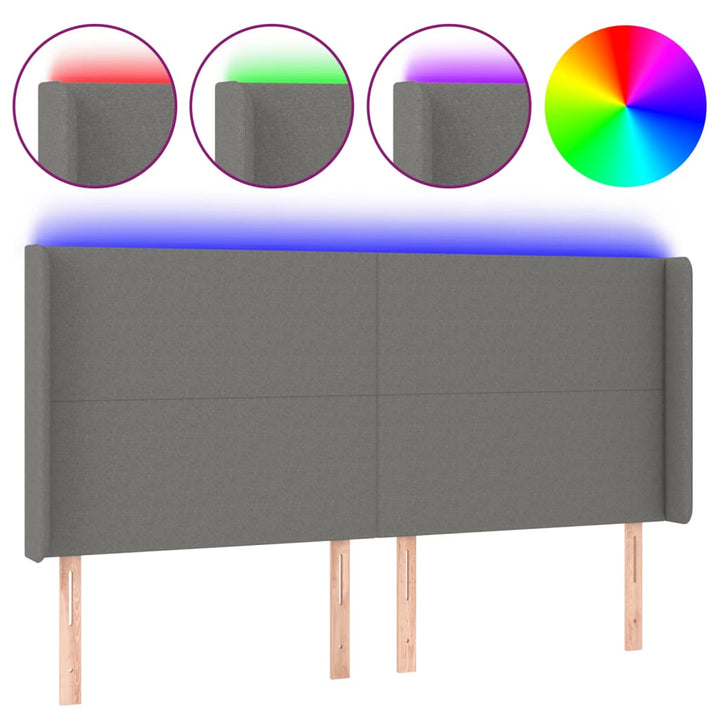 sengegavl med LED-lys 203x16x118/128 cm stof mørkegrå