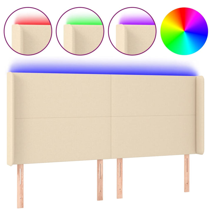 sengegavl med LED-lys 203x16x118/128 cm stof cremefarvet