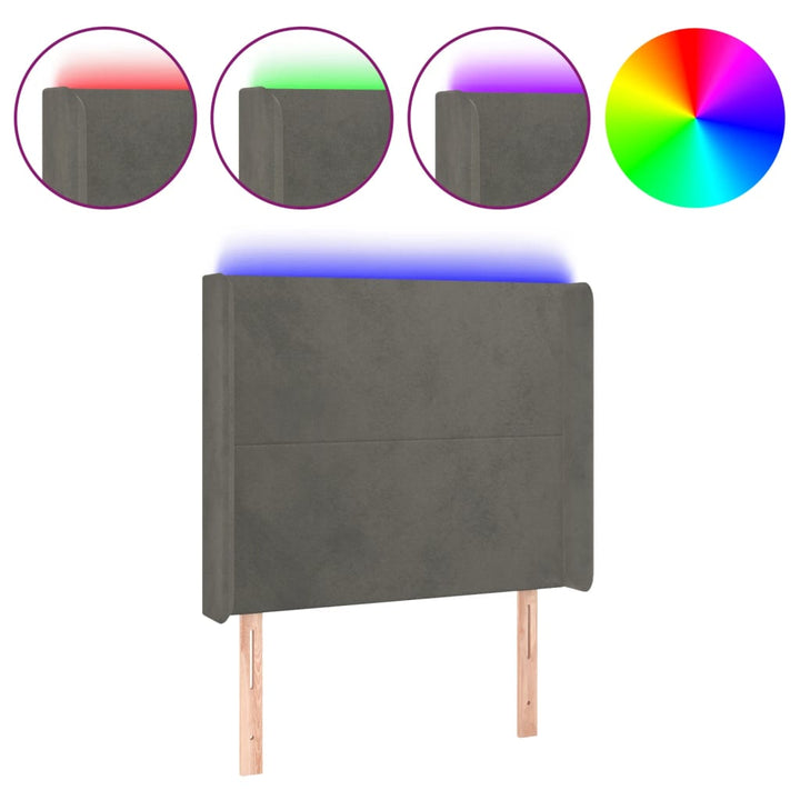 sengegavl med LED-lys 83x16x118/128 cm fløjl mørkegrå