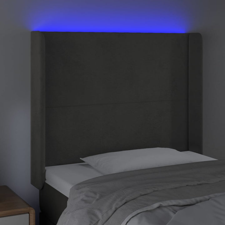 sengegavl med LED-lys 83x16x118/128 cm fløjl mørkegrå