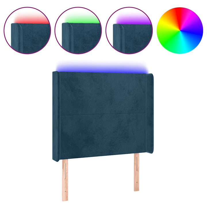 sengegavl med LED-lys 83x16x118/128 cm fløjl mørkeblå