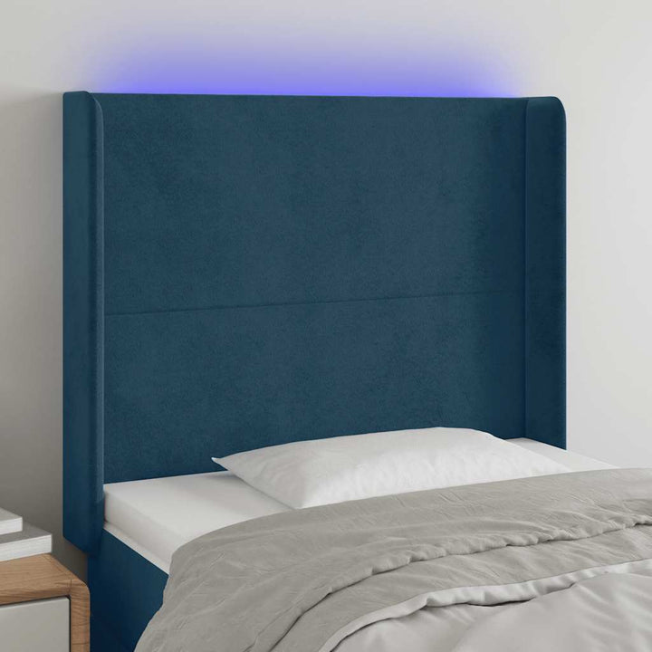 sengegavl med LED-lys 83x16x118/128 cm fløjl mørkeblå