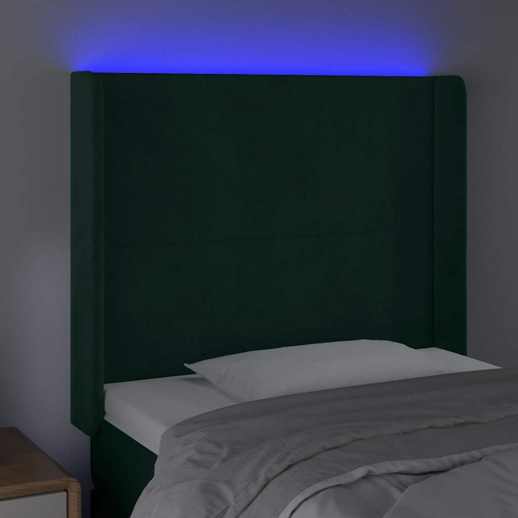 sengegavl med LED-lys 93x16x118/128 cm fløjl mørkegrøn
