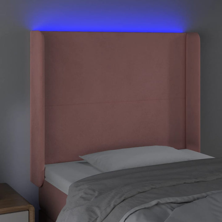 sengegavl med LED-lys 93x16x118/128 cm fløjl lyserød
