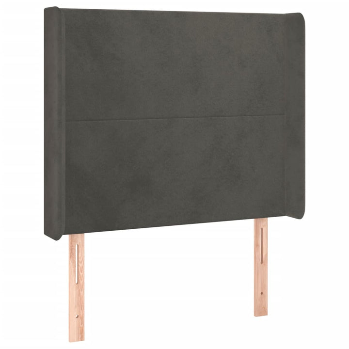 sengegavl med LED-lys 103x16x118/128 cm fløjl mørkegrå