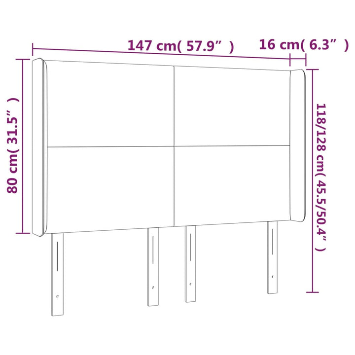 sengegavl med LED-lys 147x16x118/128 cm fløjl lysegrå