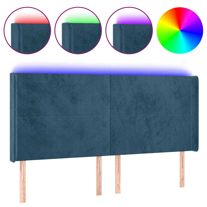 sengegavl med LED-lys 163x16x118/128 cm fløjl mørkeblå