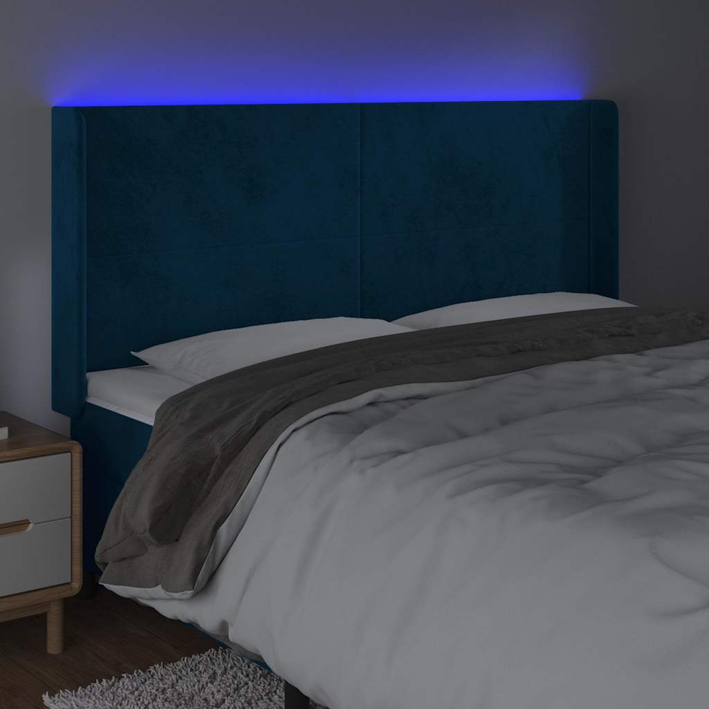 sengegavl med LED-lys 163x16x118/128 cm fløjl mørkeblå