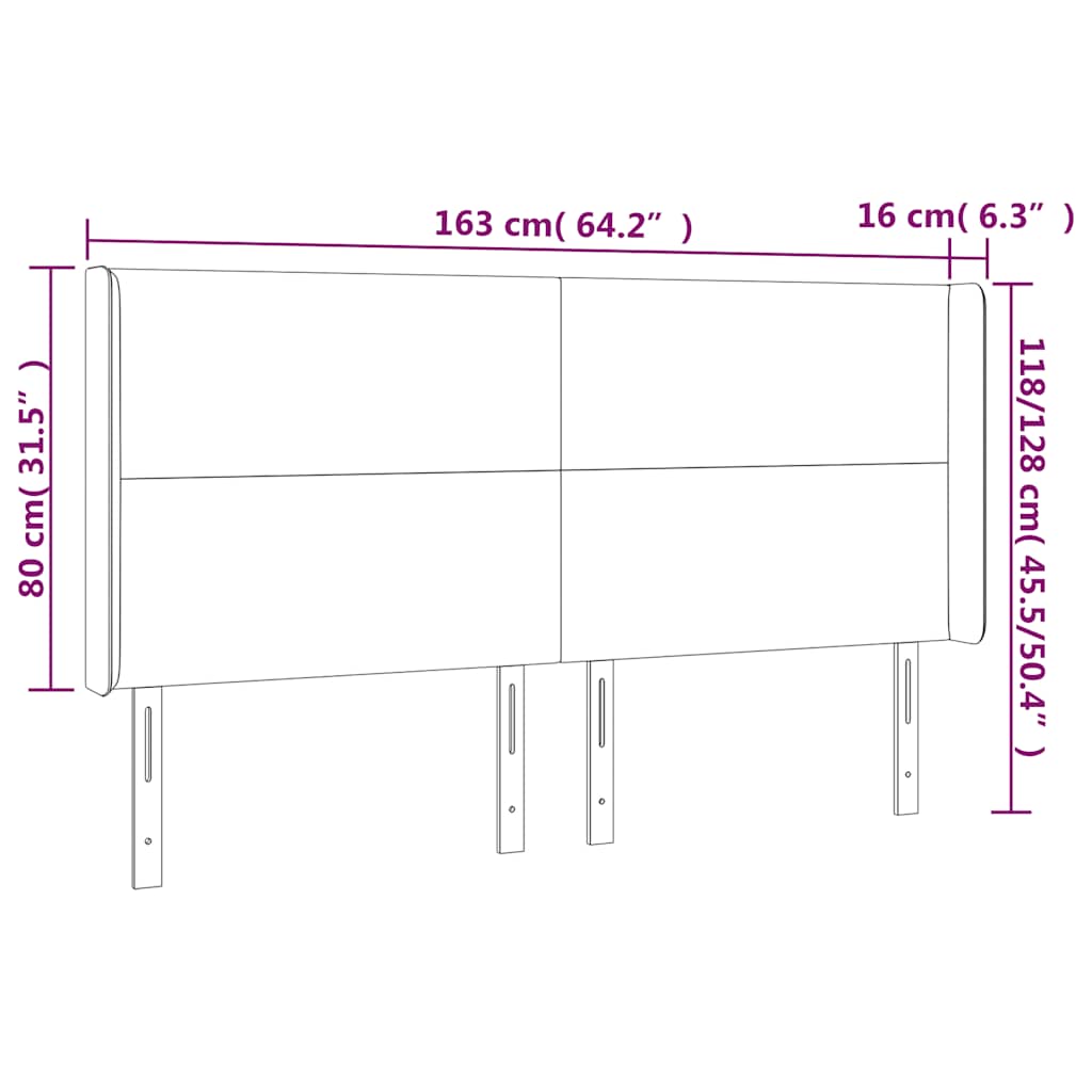sengegavl med LED-lys 163x16x118/128 cm fløjl mørkeblå