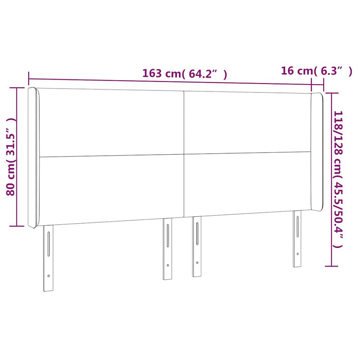 sengegavl med LED-lys 163x16x118/128 cm fløjl mørkeblå