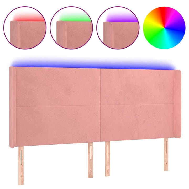 sengegavl med LED-lys 163x16x118/128 cm fløjl lyserød