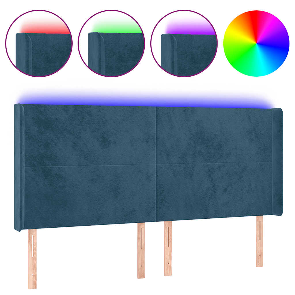 sengegavl med LED-lys 183x16x118/128 cm fløjl mørkeblå