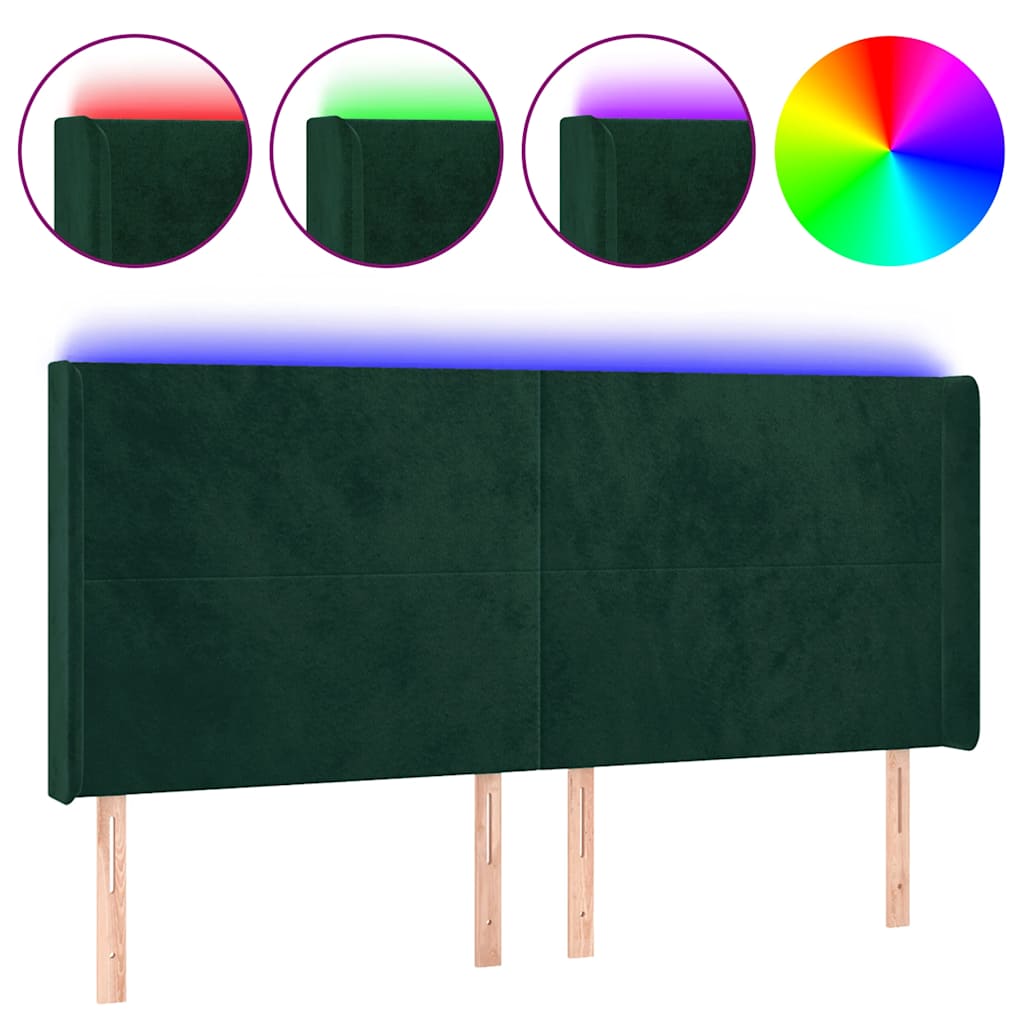 sengegavl med LED-lys 203x16x118/128 cm fløjl mørkegrøn