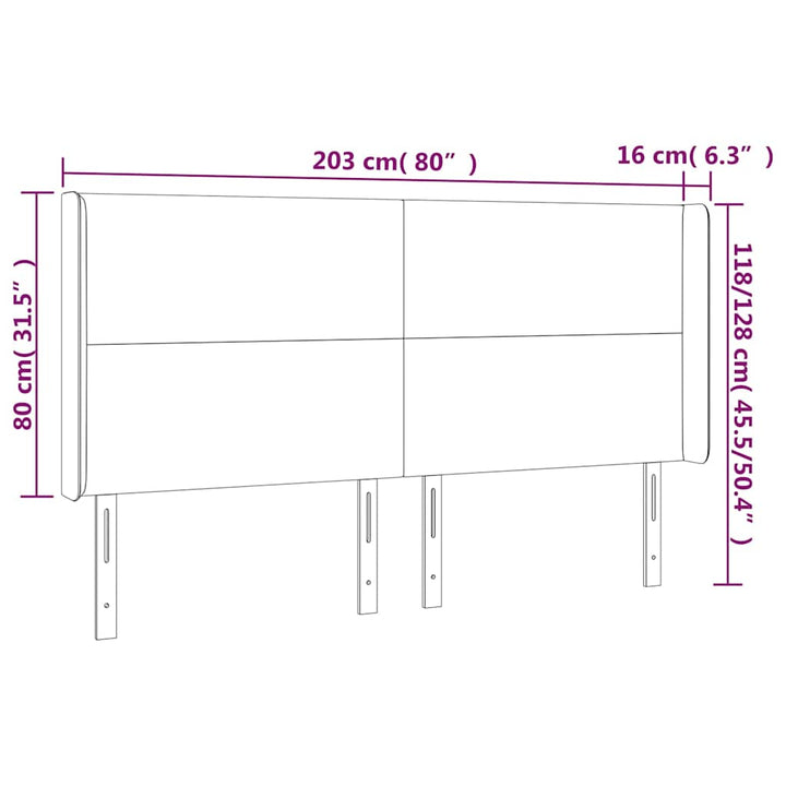 sengegavl med LED-lys 203x16x118/128 cm fløjl mørkeblå