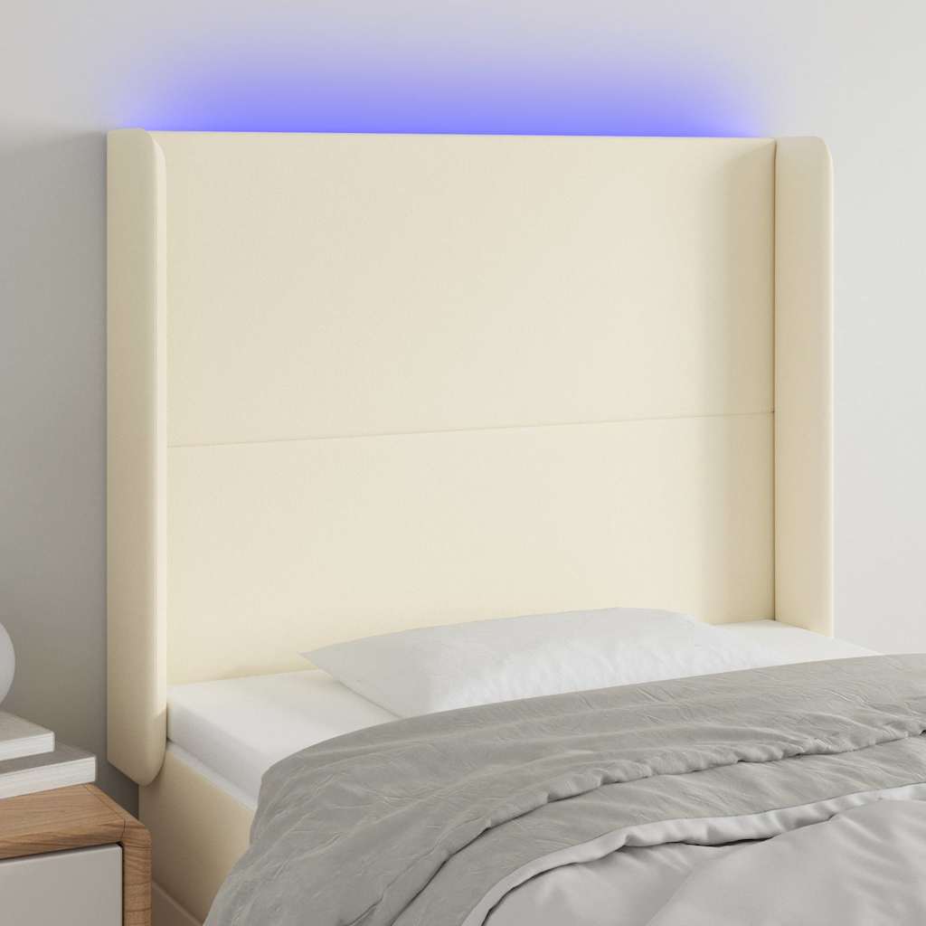 sengegavl med LED-lys 103x16x118/128 cm kunstlæder cremefarvet