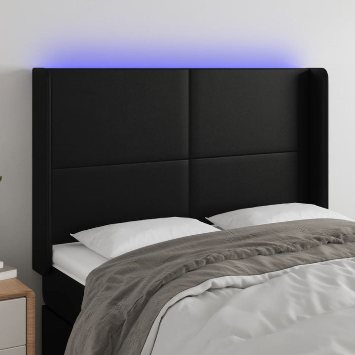 sengegavl med LED-lys 147x16x118/128 cm kunstlæder sort