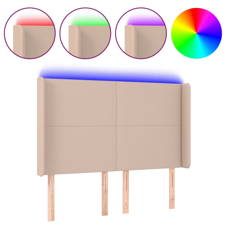 sengegavl med LED-lys 147x16x118/128 cm kunstlæder cappuccino