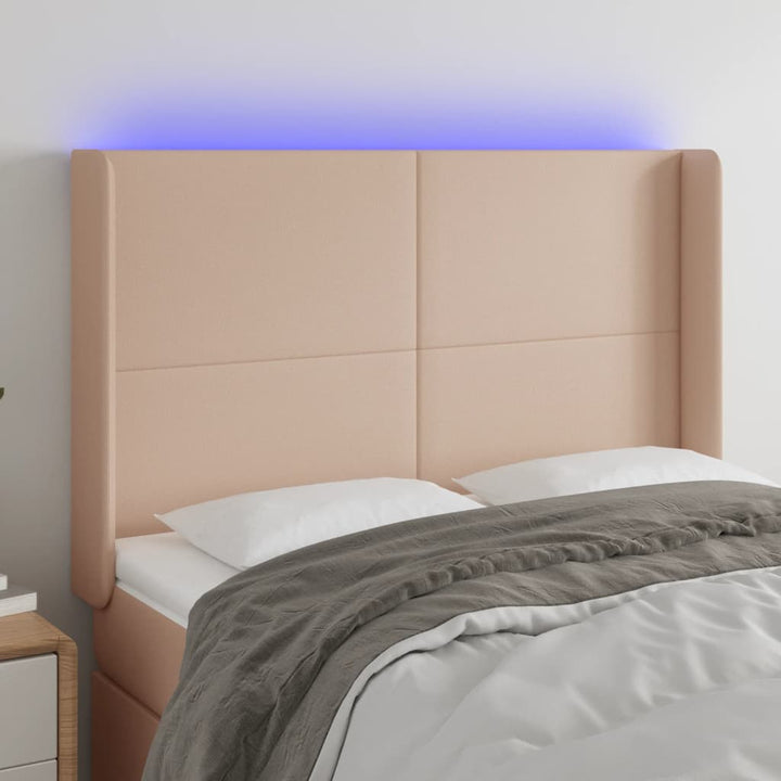 sengegavl med LED-lys 147x16x118/128 cm kunstlæder cappuccino
