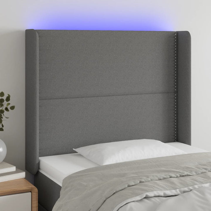 sengegavl med LED-lys 93x16x118/128 cm stof mørkegrå