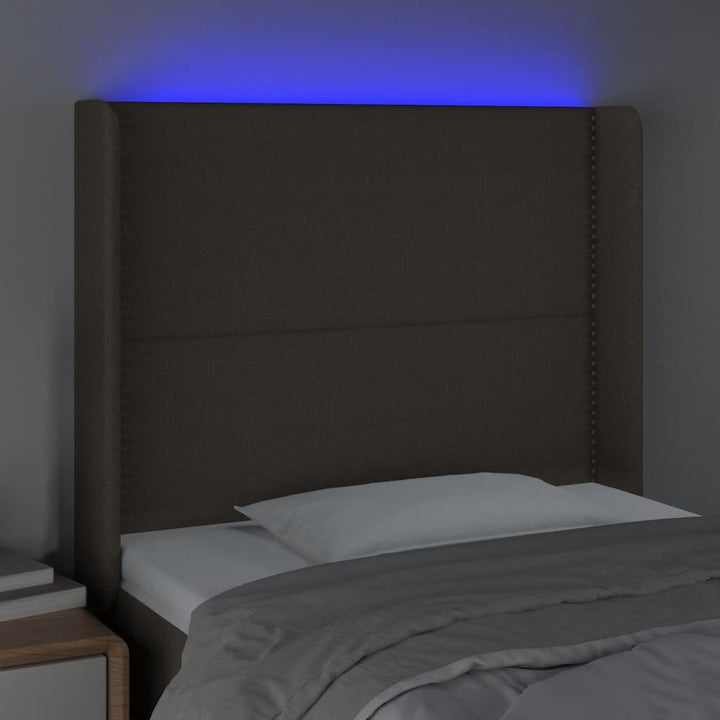 sengegavl med LED-lys 93x16x118/128 cm stof gråbrun
