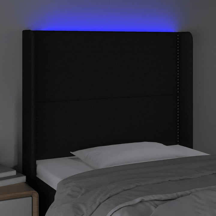 sengegavl med LED-lys 103x16x118/128 cm stof sort