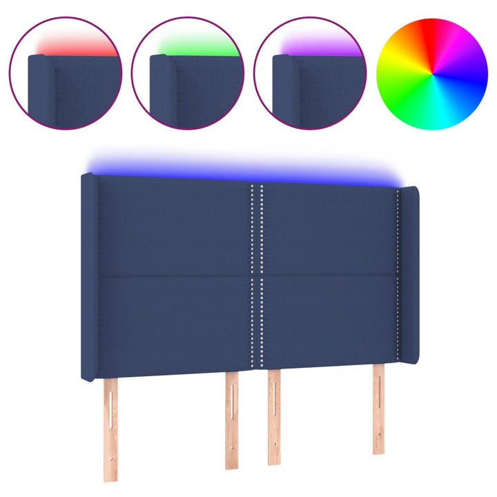 sengegavl med LED-lys 147x16x118/128 cm stof blå
