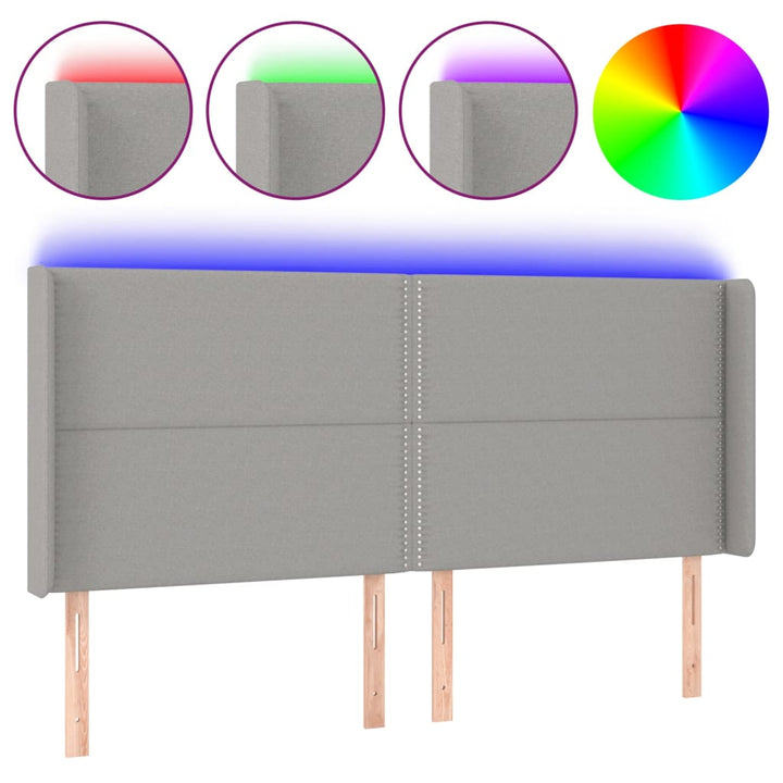 sengegavl med LED-lys 203x16x118/128 cm stof lysegrå