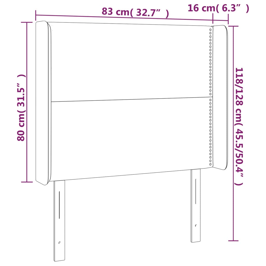 sengegavl med LED-lys 83x16x118/128 cm fløjl mørkegrå