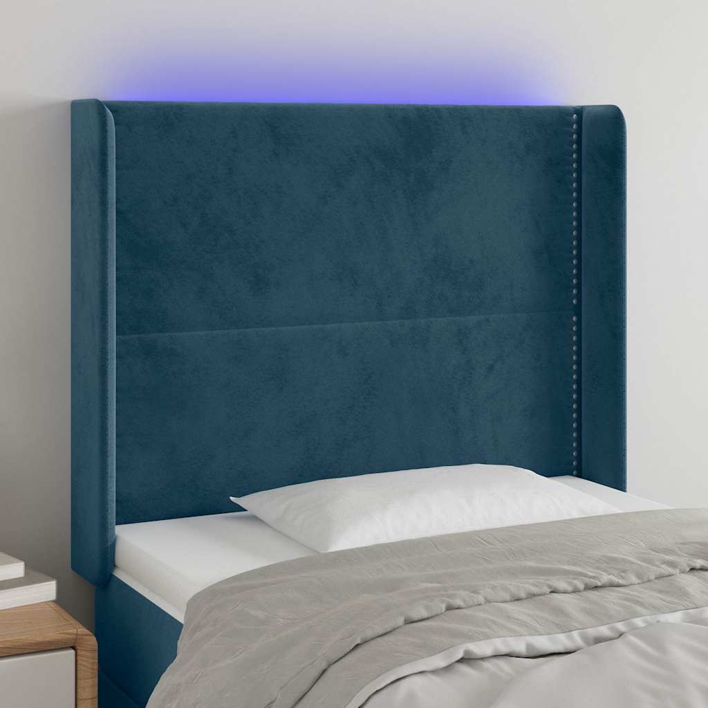sengegavl med LED-lys 83x16x118/128 cm fløjl mørkeblå