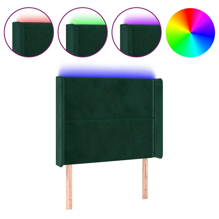 sengegavl med LED-lys 93x16x118/128 cm fløjl mørkegrøn