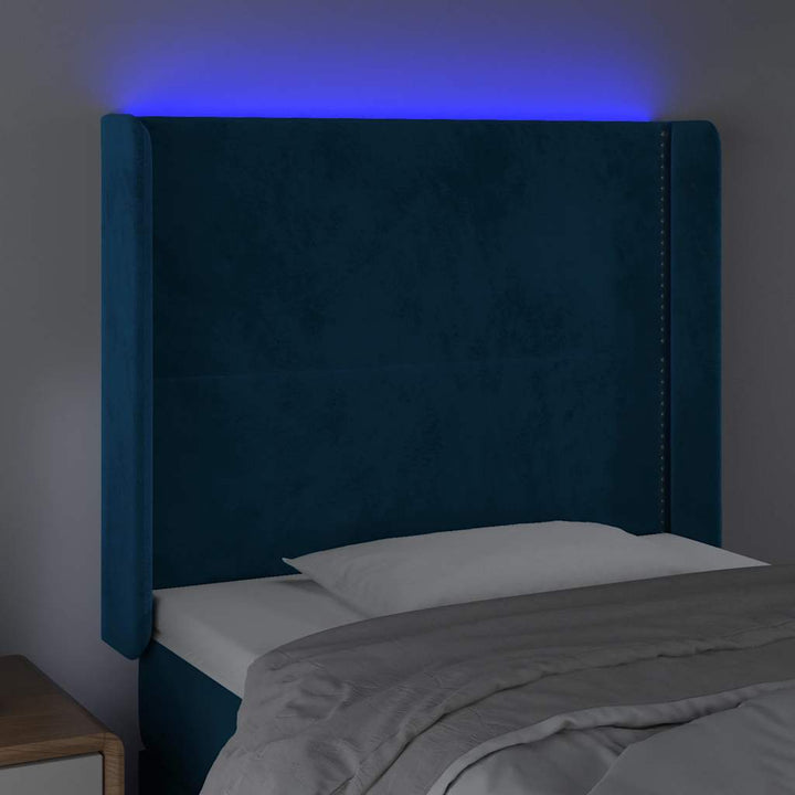 sengegavl med LED-lys 103x16x118/128 cm fløjl mørkeblå